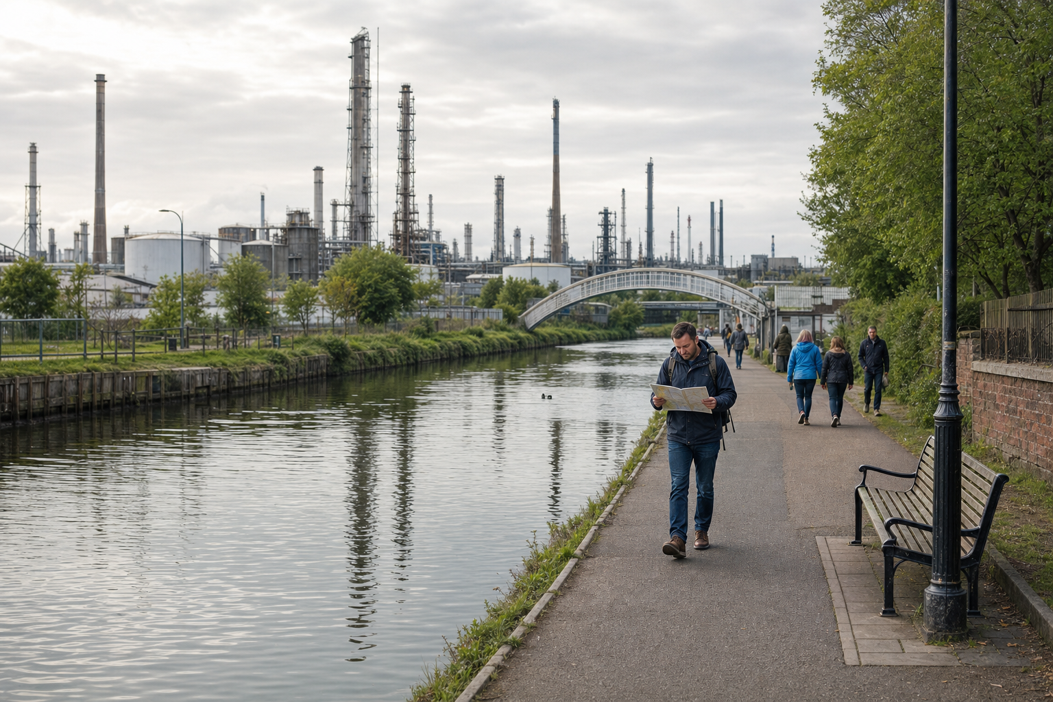 A man walks along a canal path, reading a map, with an industrial complex in the background.