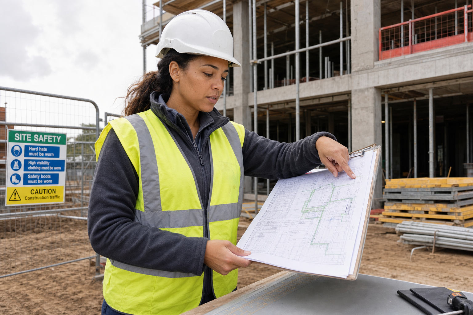 Construction worker in high-vis gear reviews blueprints on a building site with safety sign nearby.