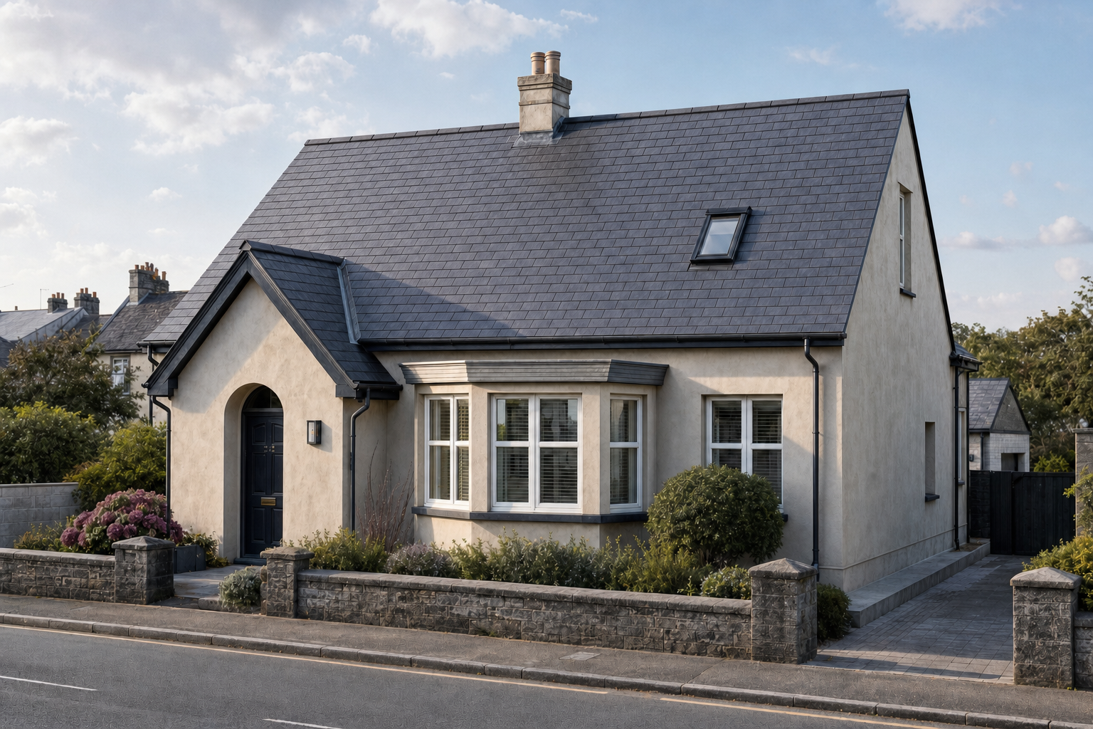 Cream-coloured house with slate roof, arched doorway, and front garden on a sunny day.