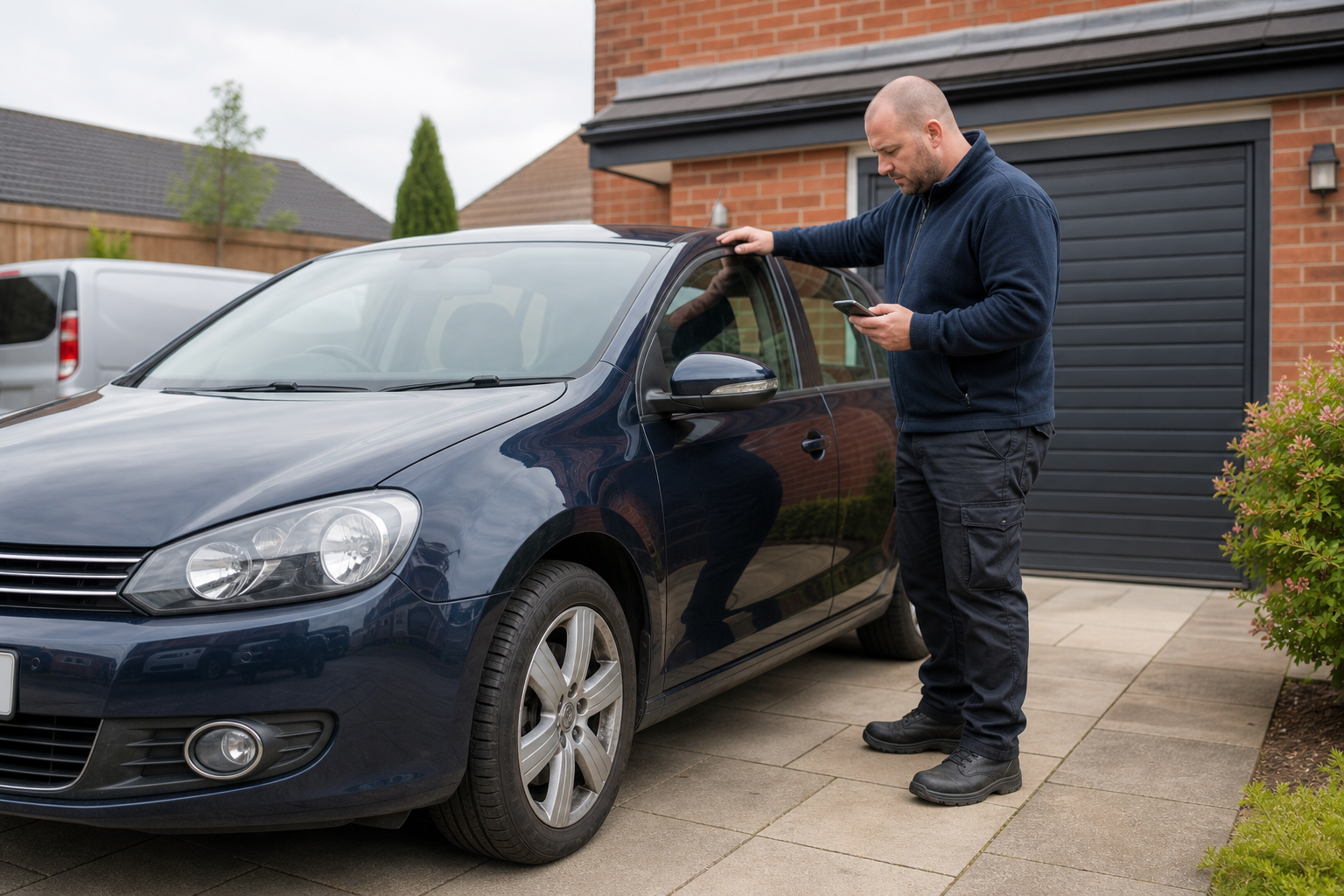 A man stands next to a car, looking at his phone in a driveway.