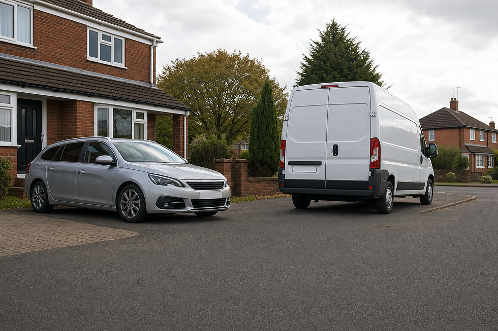 A silver estate car parked in a driveway next to a large white van on a residential street.