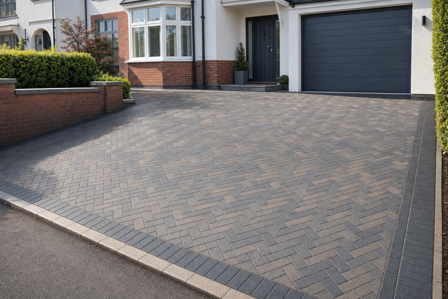 A herringbone brick driveway leads to a modern house with a black garage door and a neatly landscaped front garden.