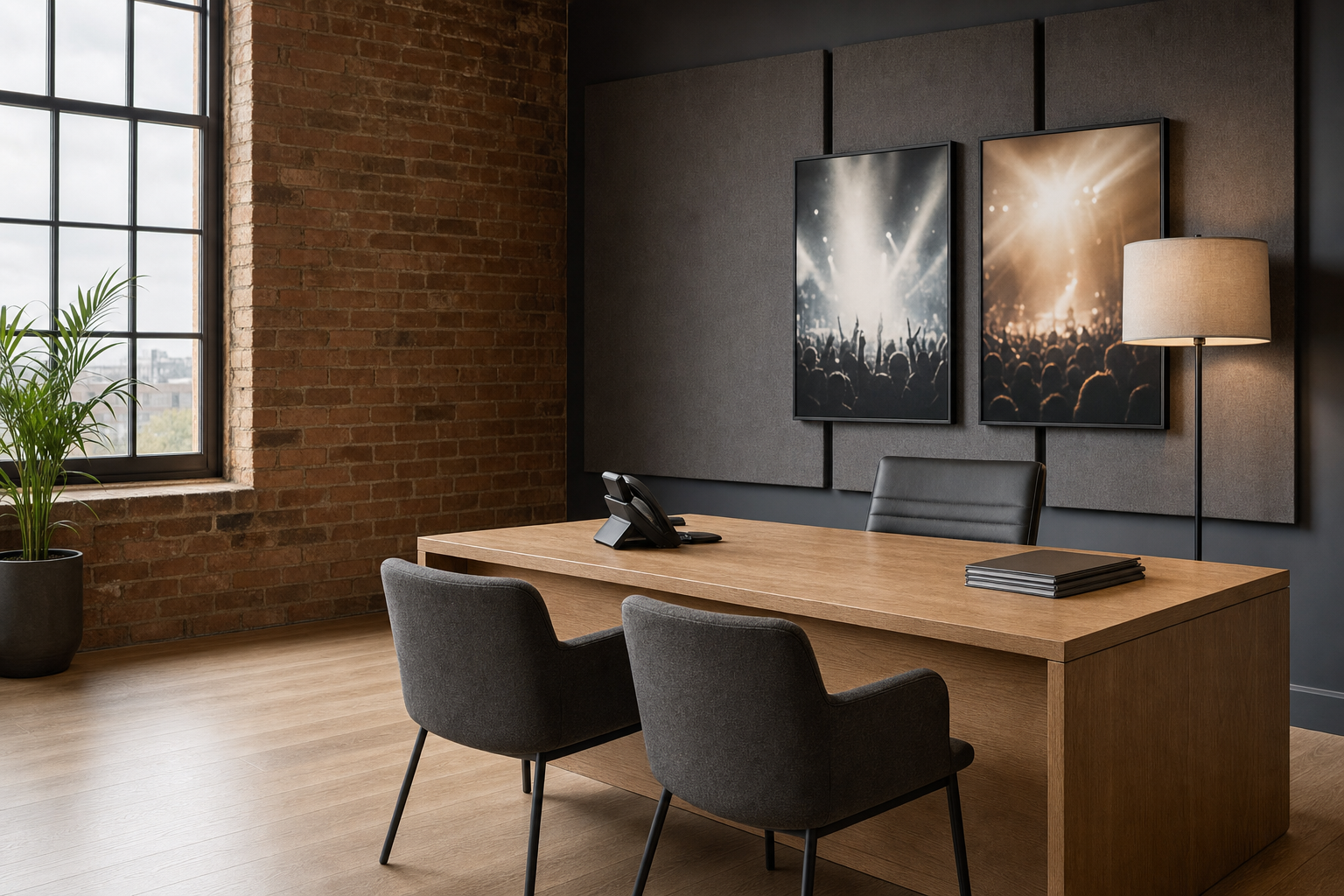 Modern office with a wooden desk, grey chairs, concert artwork, and a tall lamp against an exposed brick wall.