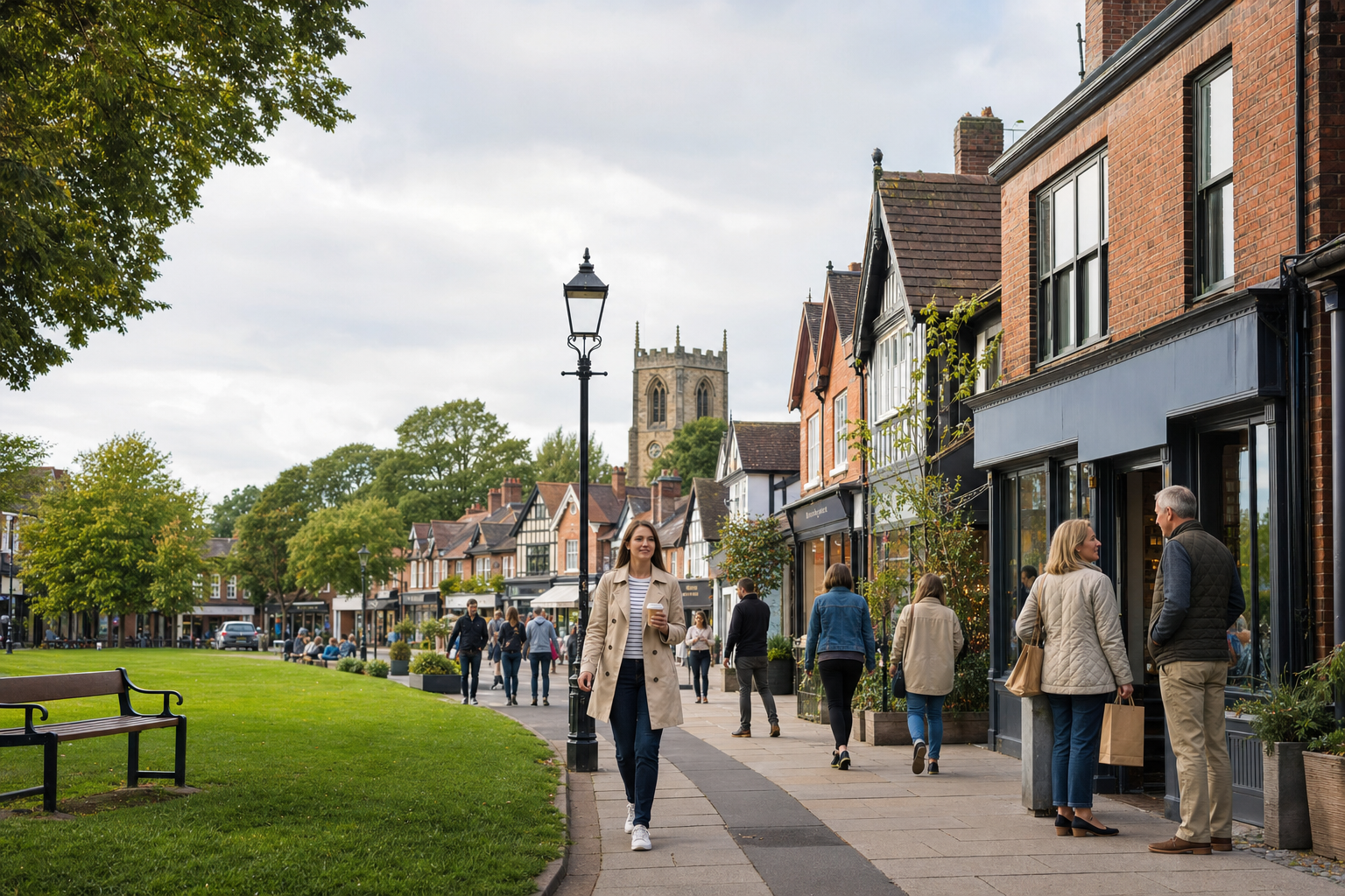 People stroll along a quaint English high street with a church tower in the background.