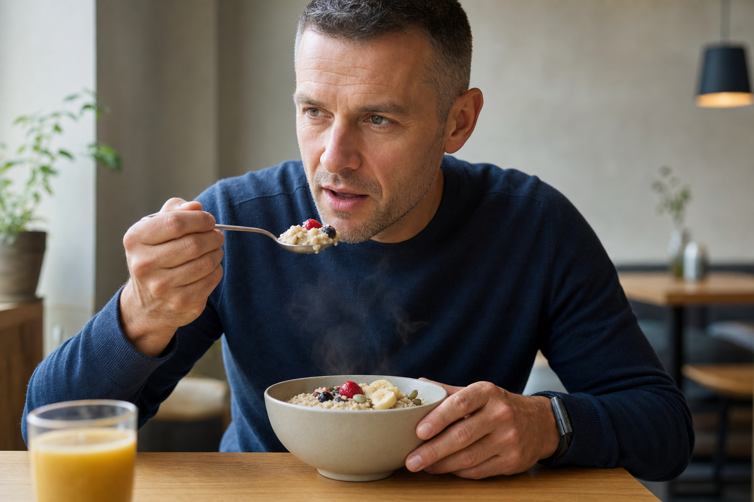 Man eating a bowl of steaming oatmeal with fruit and seeds in a cosy café setting.