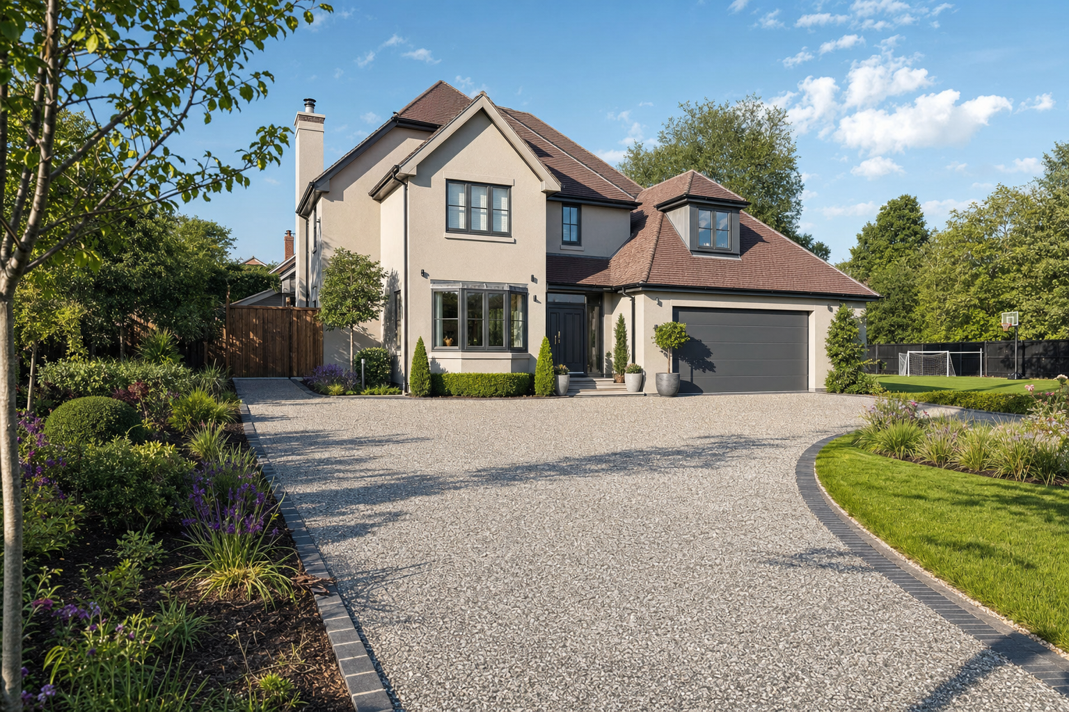 Modern detached house with a sloped driveway, surrounded by landscaped gardens and greenery under a blue sky.