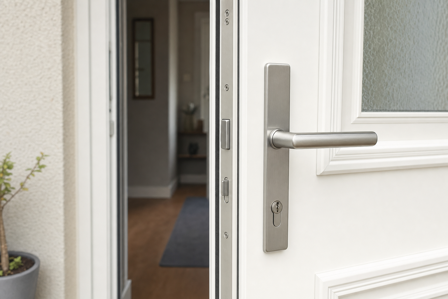 White door ajar with a stainless steel handle, revealing a glimpse of an interior hallway.