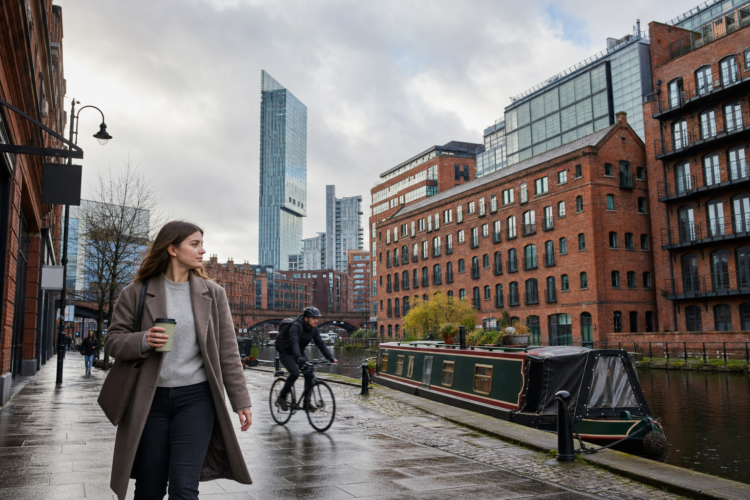 Woman walking with a coffee beside a canal in an urban cityscape with modern and historical architecture.