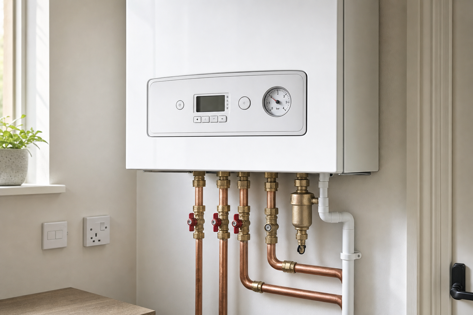 A modern boiler with copper pipes and a pressure gauge is mounted on an interior wall near a window.