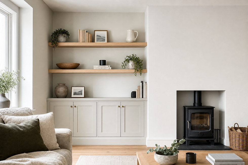 A cosy living room with neutral décor featuring a wood-burning stove, shelving, and a sofa with cushions.