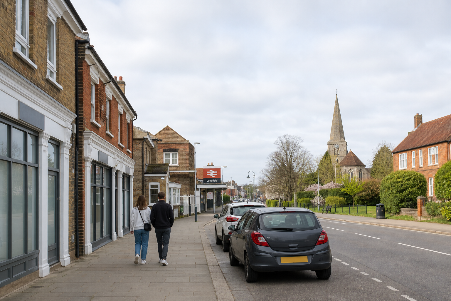 A couple walk along a street towards a railway station, with a church visible in the background.