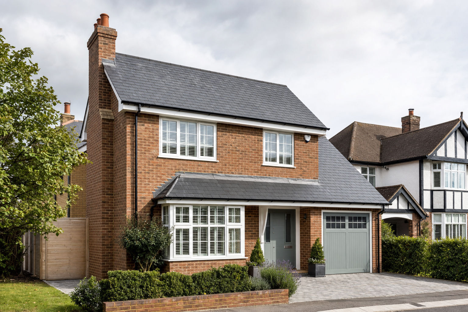 Two-storey brick house with a grey slate roof and a garage set in a suburban neighbourhood.