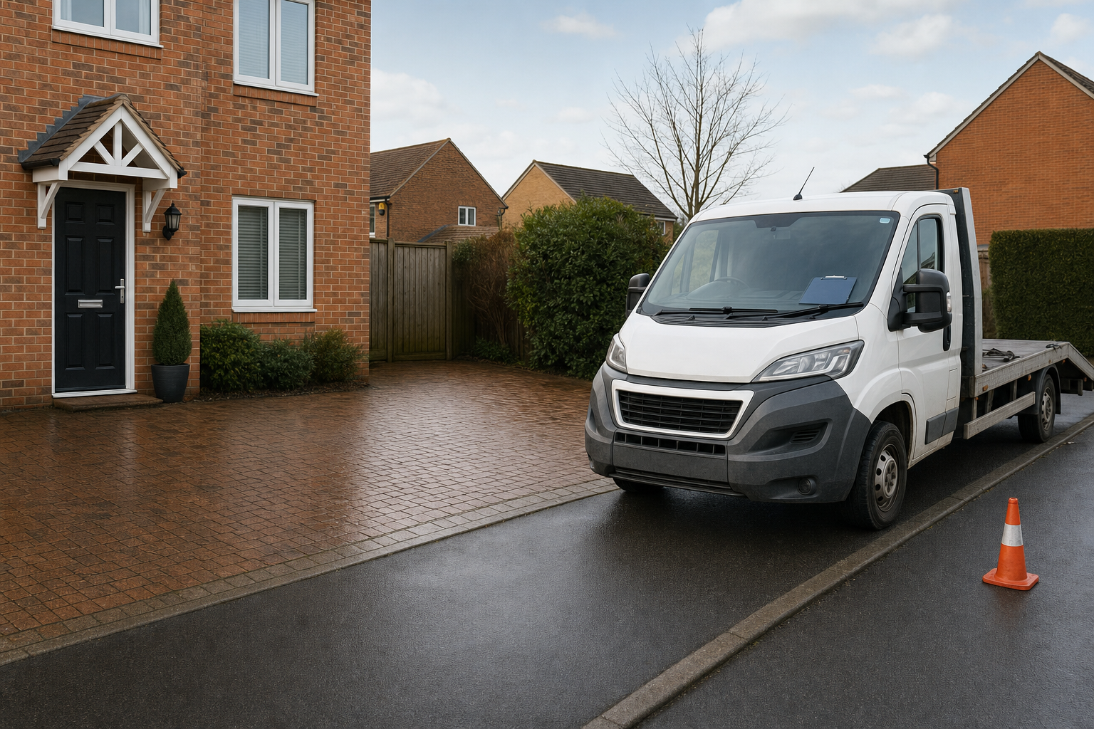 A white recovery lorry is parked on a residential road next to a brick house, with a traffic cone nearby.