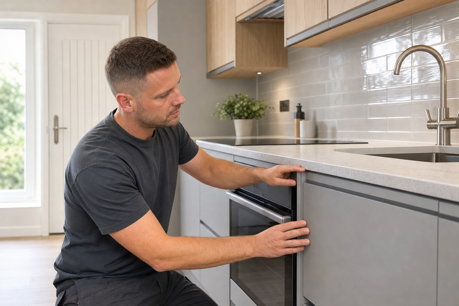 A man adjusts a kitchen cabinet panel in a modern, light-filled kitchen.