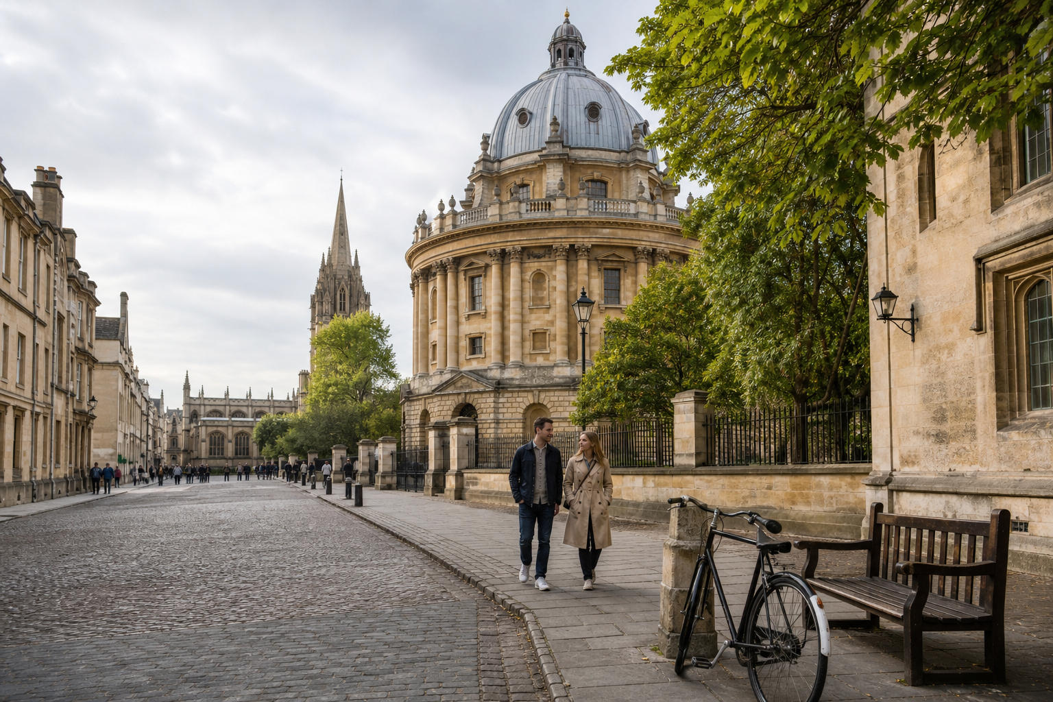 A couple walks past the historic Radcliffe Camera in Oxford on a cobblestone street with a bicycle parked nearby.