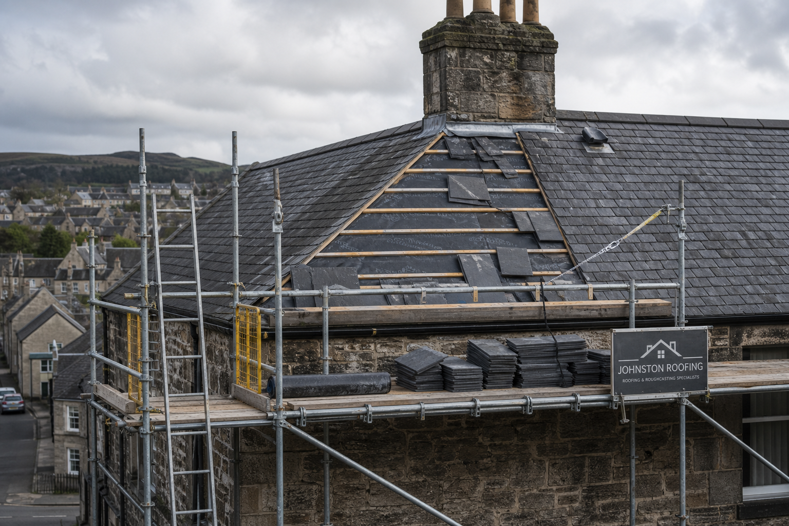 Roof under repair with scaffolding and slate tiles stacked, set against a backdrop of a village and hills.