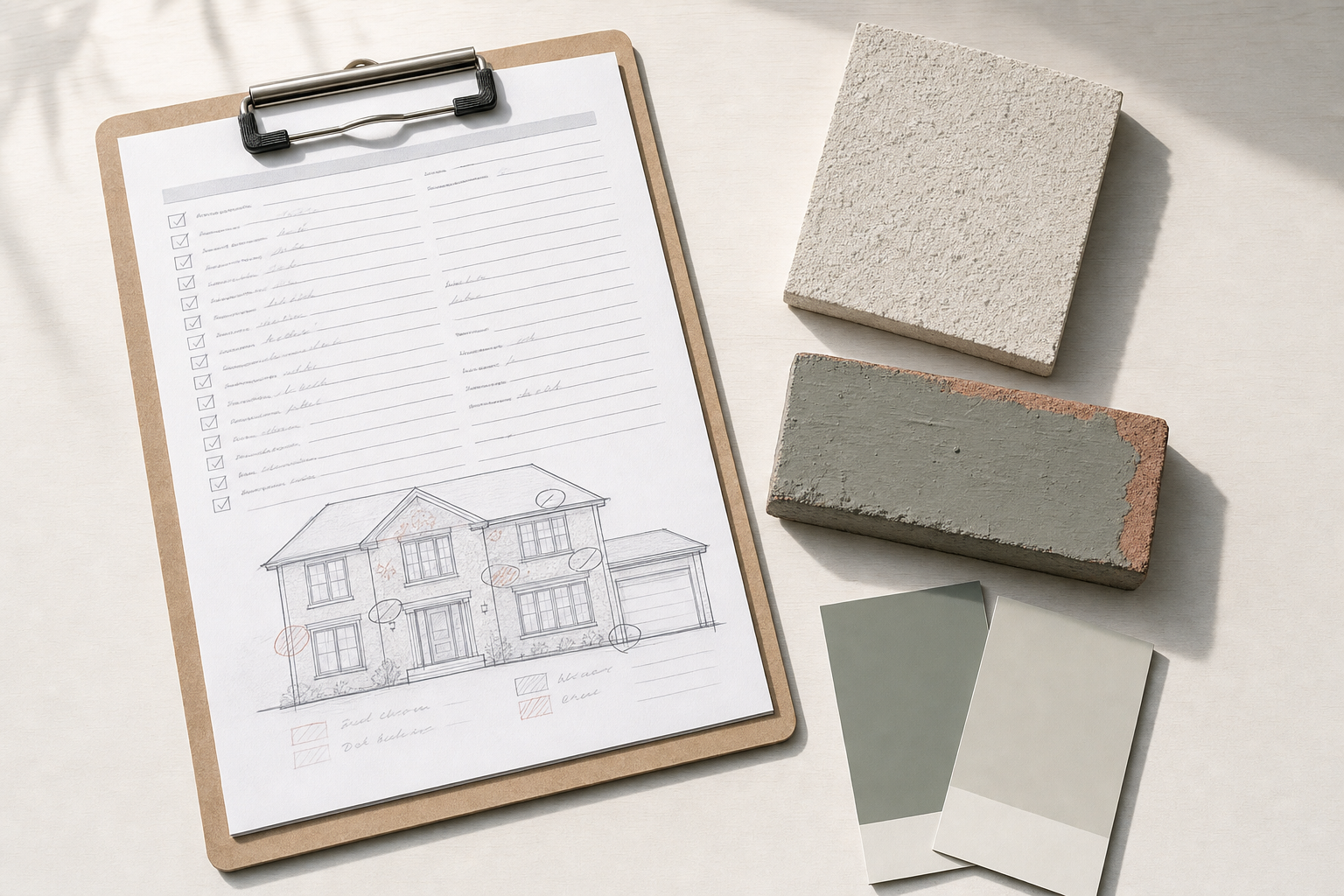 Home design sketch on clipboard with samples of brick, tile, and paint swatches on a light surface.