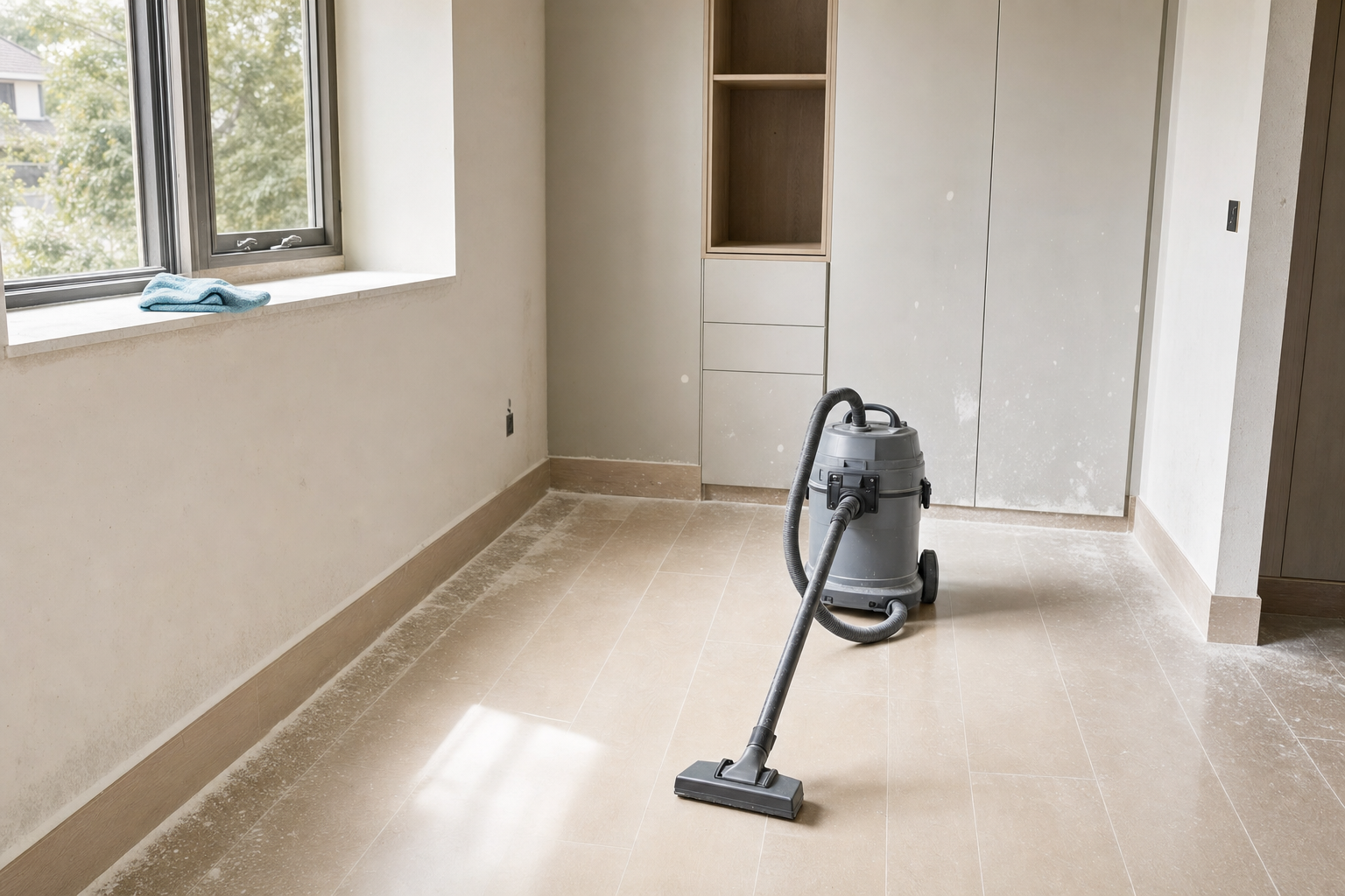 A wet-dry vacuum cleaner sits on the dusty floor of an unfinished room with a window and built-in shelves.