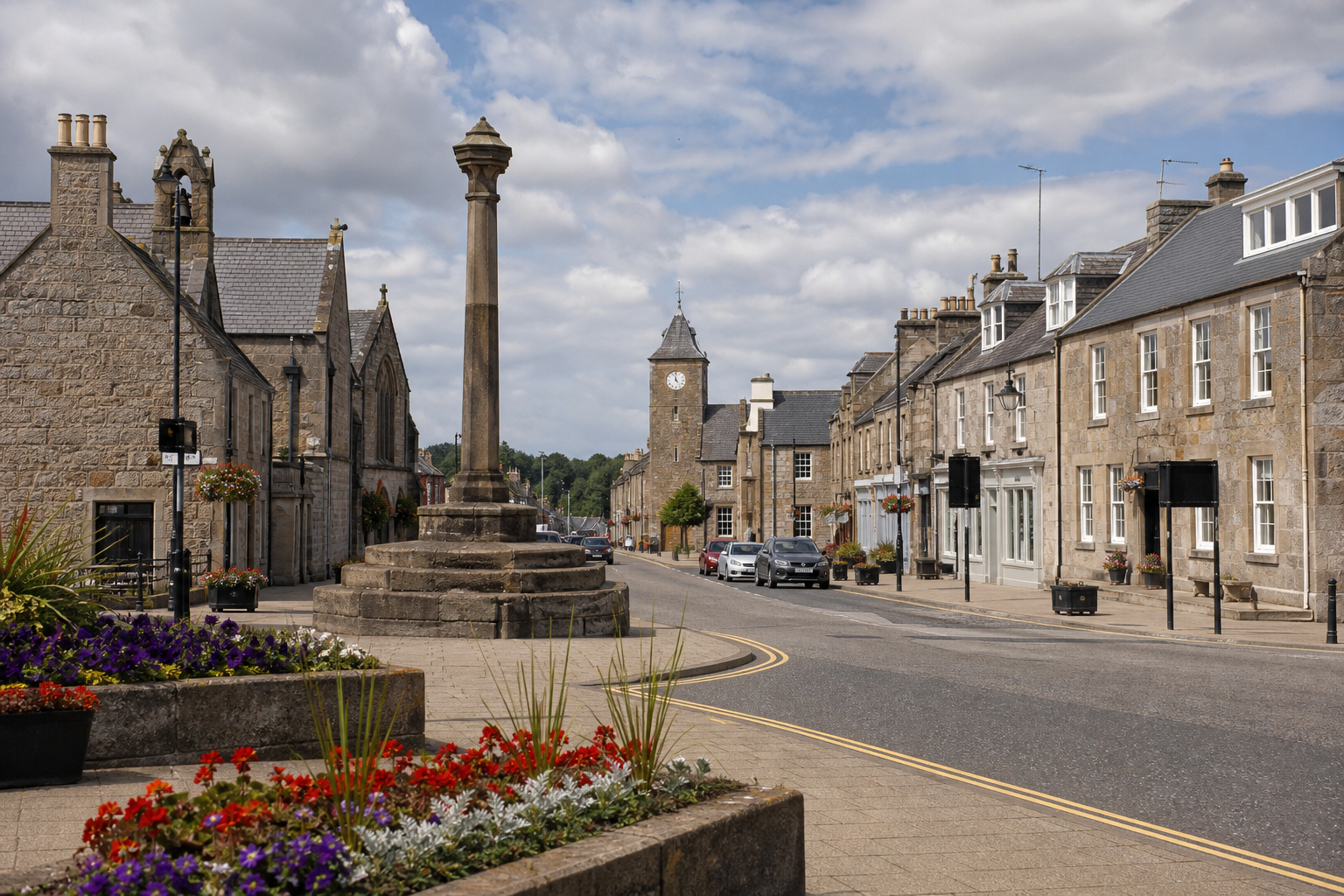 Quaint village street with historic stone buildings, a central monument, and a distant clock tower under a partly cloudy sky.