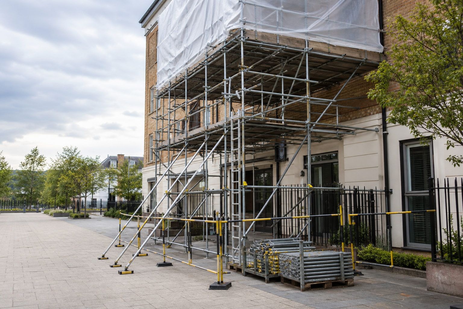 Scaffolding set up against a building for construction or maintenance work.