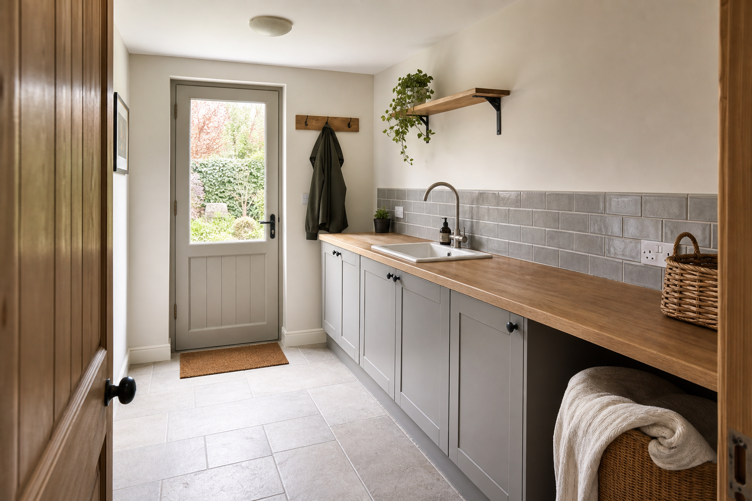 Modern utility room with grey cabinets, wooden worktop, sink, and door leading to a garden, featuring a coat and plants.