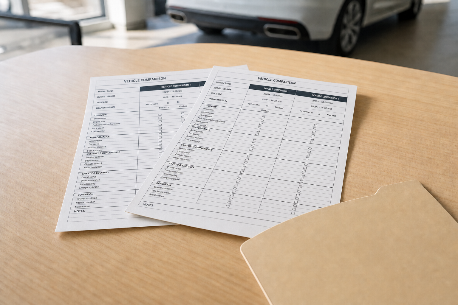 Two vehicle comparison sheets on a wooden table next to a file folder, with a car visible in the background.