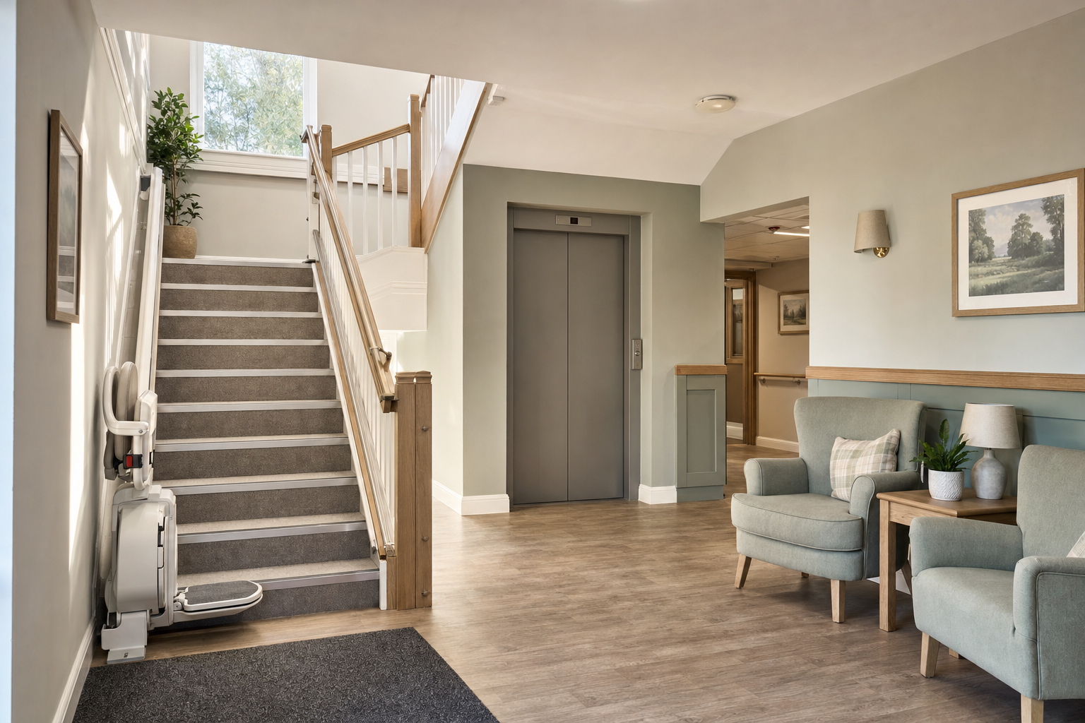 A modern interior features a staircase with a stairlift, an elevator, and cosy seating area with two armchairs and a potted plant.