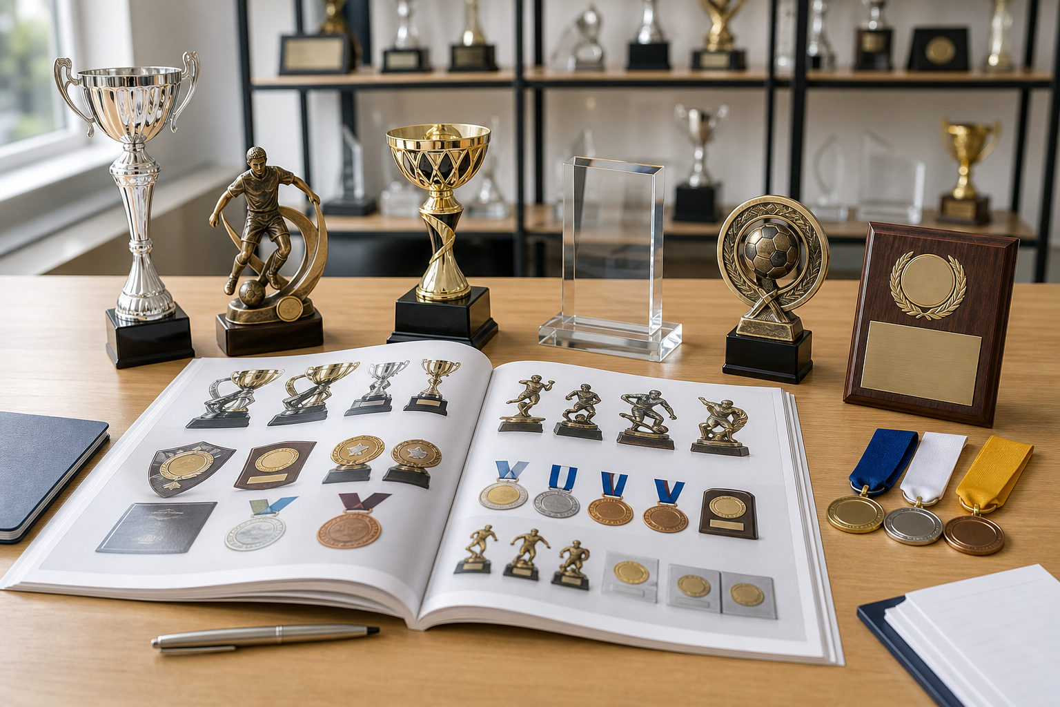 Trophies, medals, and an open book of awards displayed on a desk in a trophy room.