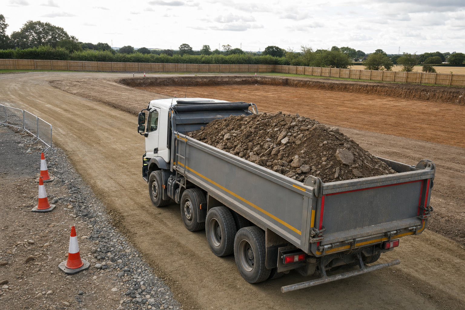 Dump truck loaded with soil on a construction site surrounded by traffic cones and fencing.