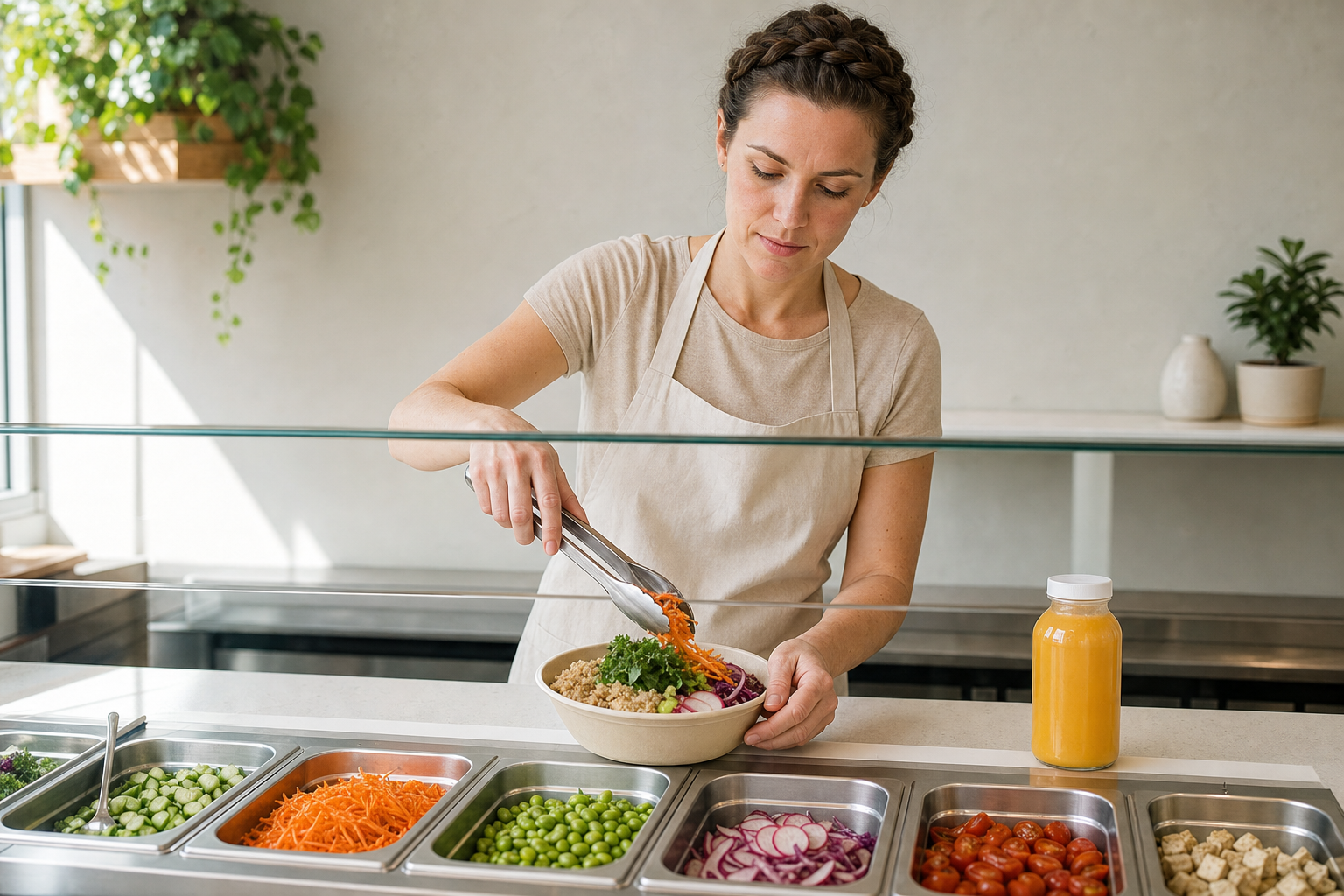 A woman wearing an apron prepares a fresh salad at a bright, modern salad bar.