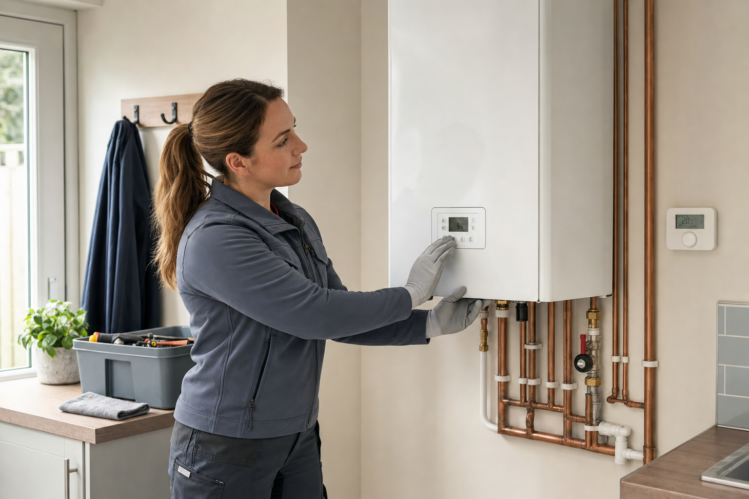 A technician adjusts a modern home boiler system, surrounded by pipes and a toolbox on a nearby counter.