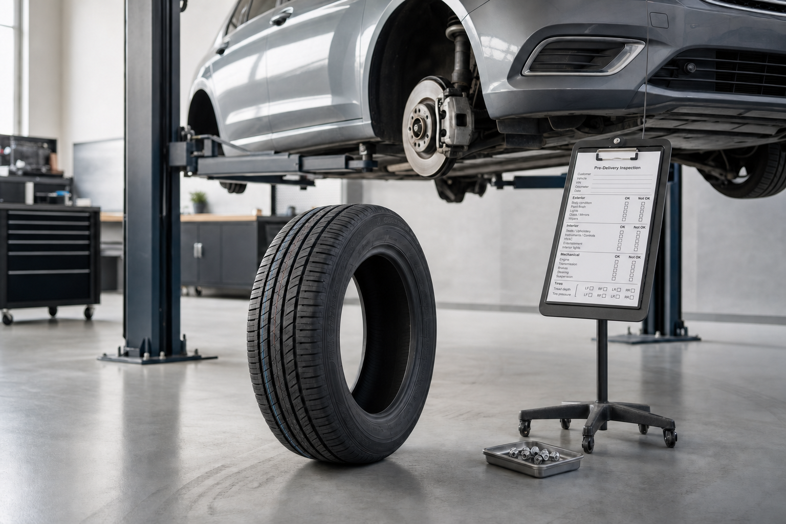 A car in a garage sits on a lift with a removed tyre and inspection checklist nearby.