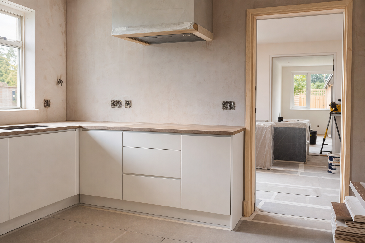 Newly renovated kitchen with cream cabinetry and unfinished surfaces connected to a living space under renovation.