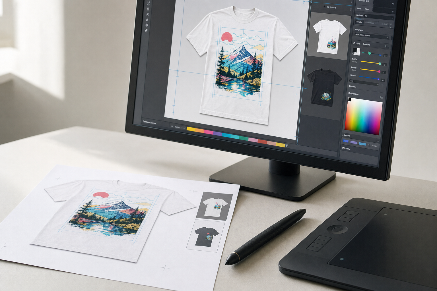 A digital design of a scenic mountain landscape on a T-shirt is displayed on a computer and printout with editing tools.