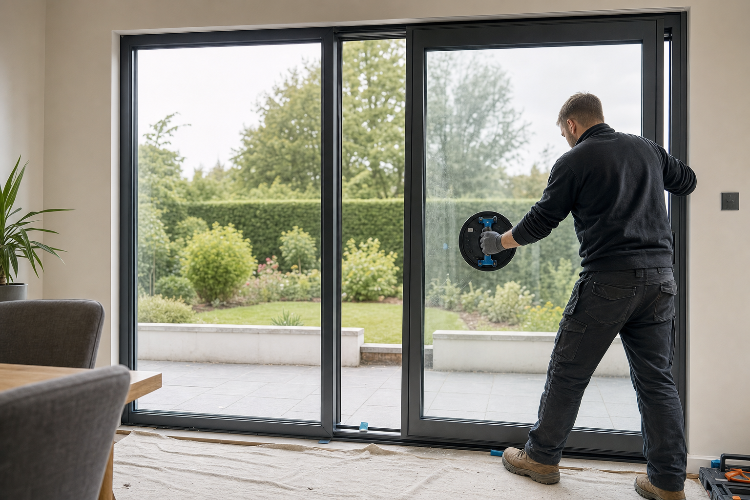 A worker installs a large glass sliding door in a modern home overlooking a garden.