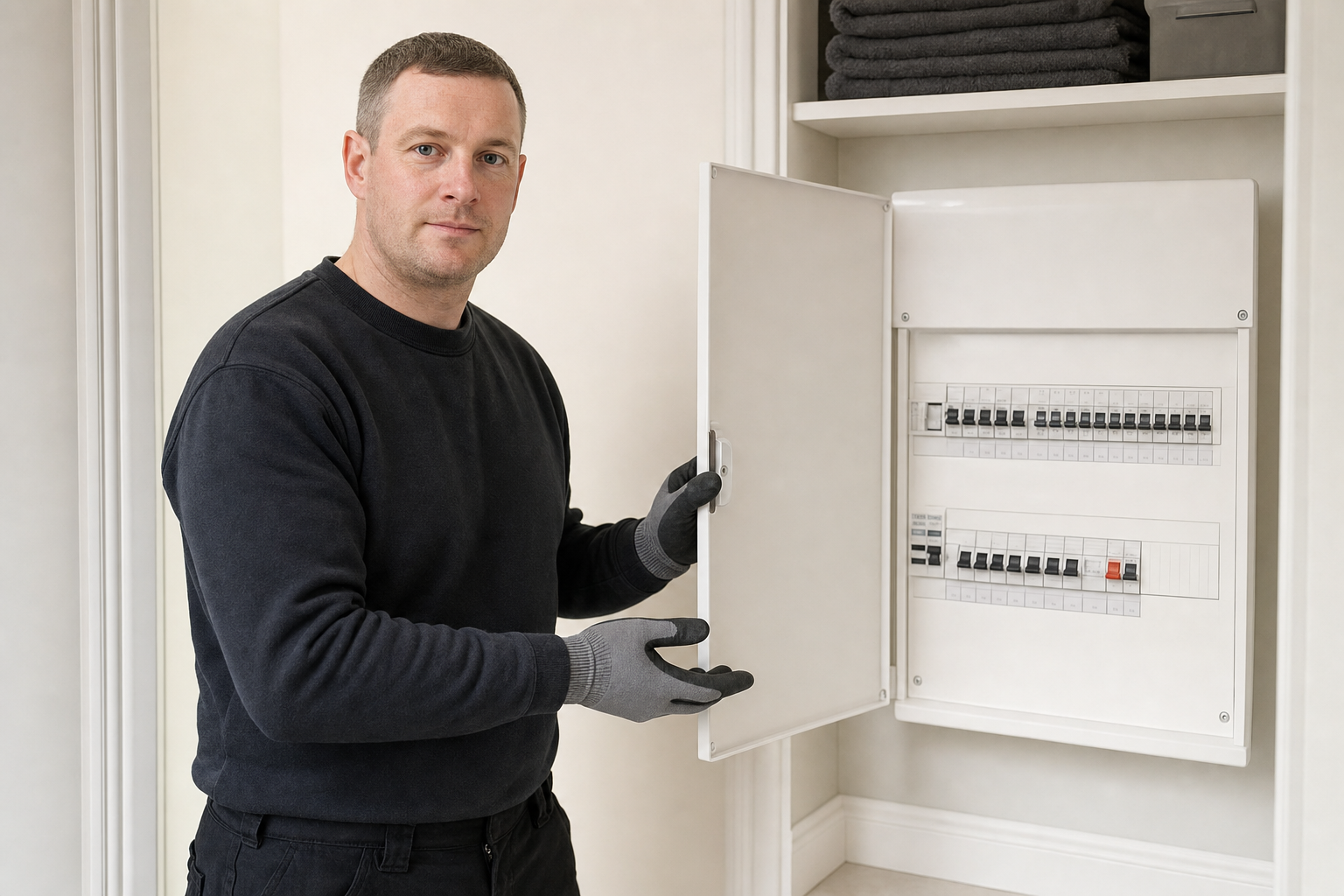 Man in black jumper and gloves inspecting an open electrical panel in a light-coloured room.