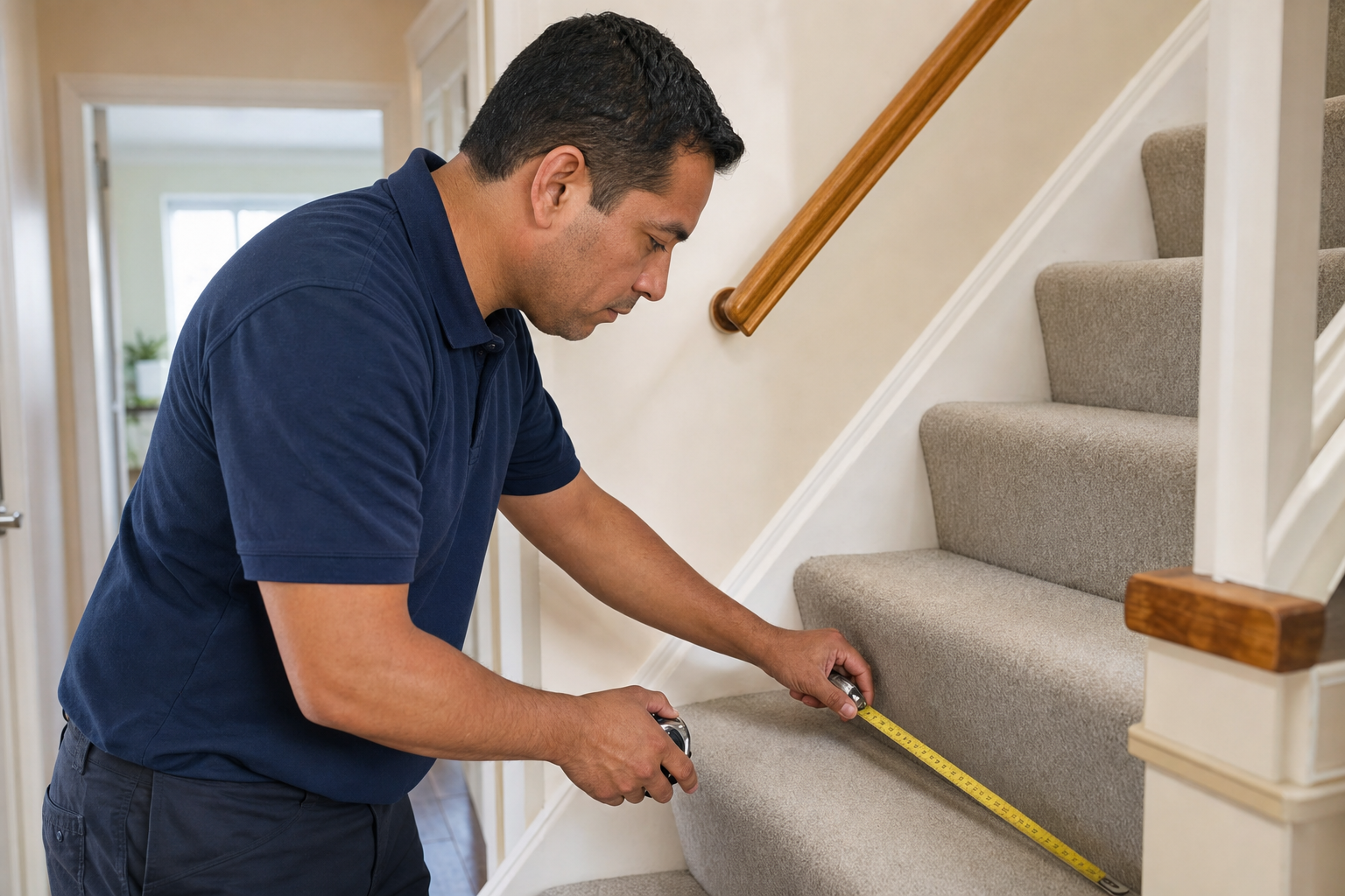 A man measures a carpeted staircase using a tape measure in a well-lit hallway.