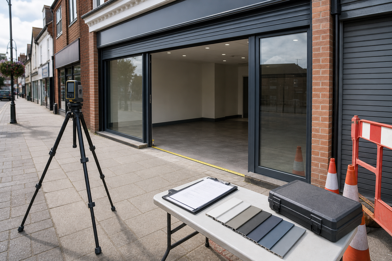 Empty storefront with a tripod setup outside and a table displaying materials and documents.