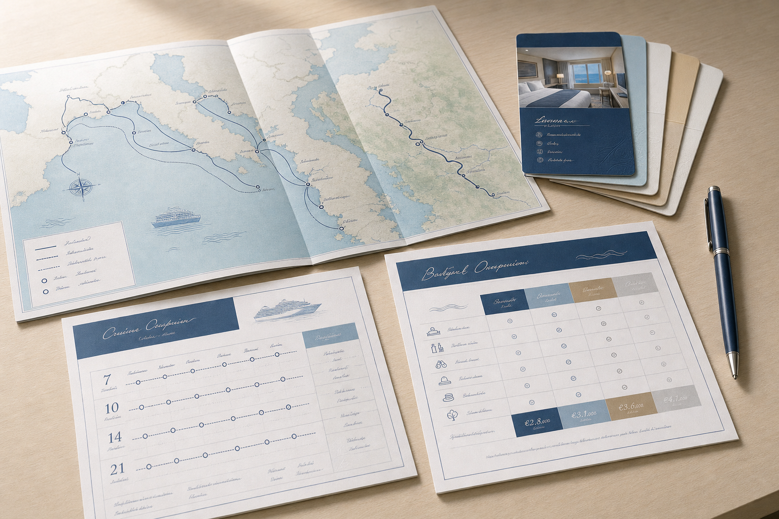 Cruise itinerary with a map, schedule, and accommodation options displayed on a desk alongside a pen.