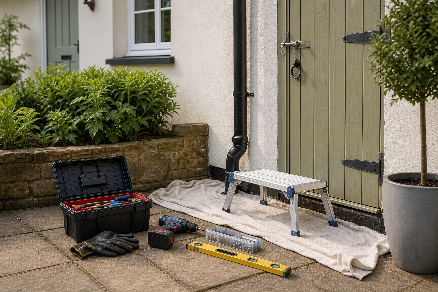 Tools and a step stool are set up on a patio next to a green door, ready for home improvement tasks.