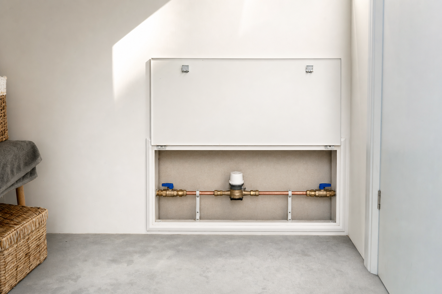 Exposed plumbing pipes within a recessed wall cabinet beside wicker baskets in a minimalist room.