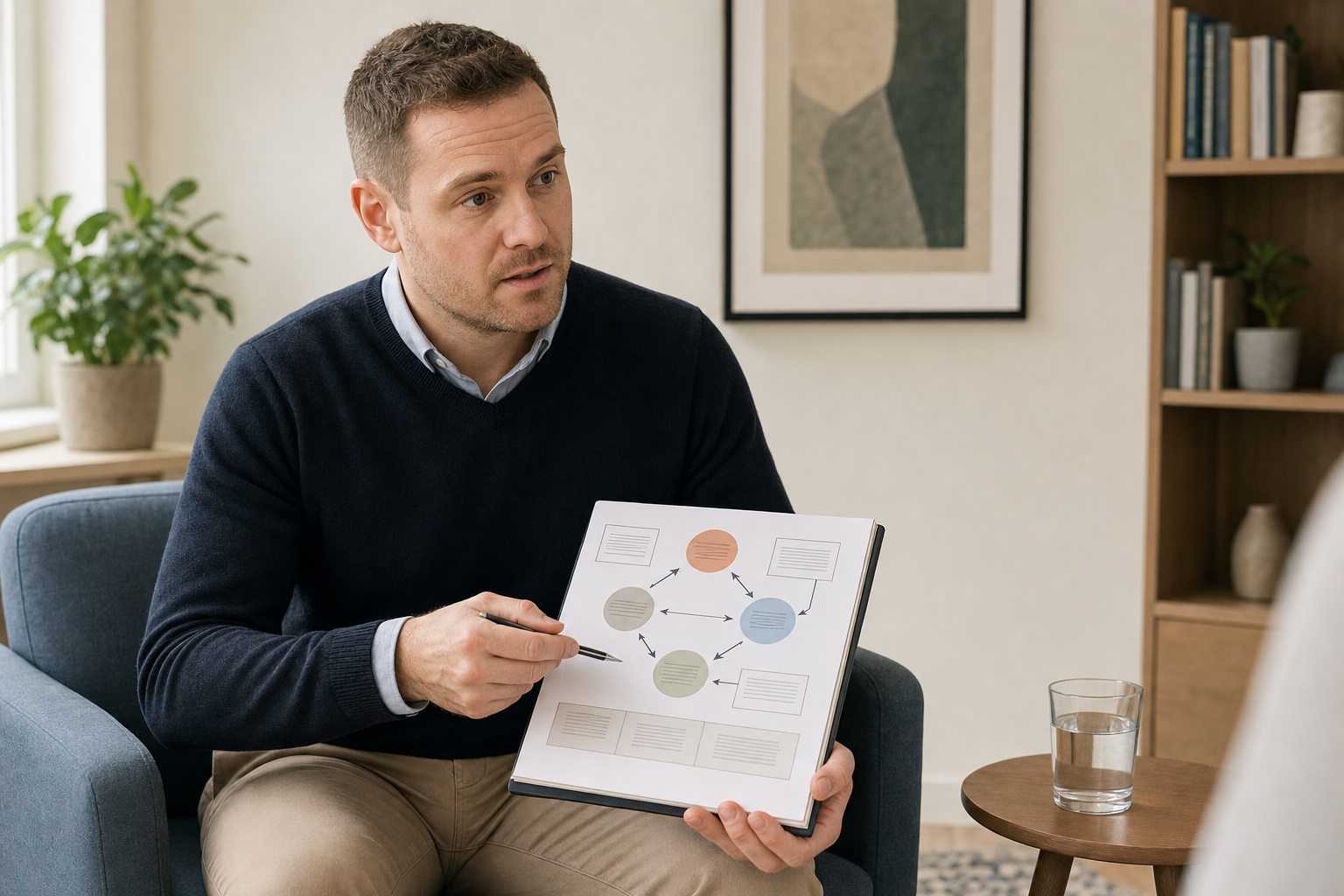 A man in a blue jumper discusses a chart with someone in an office setting.