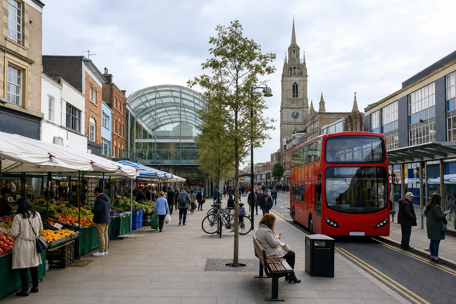 Busy street scene with a red double-decker bus, market stalls, and a historic church tower in the background.