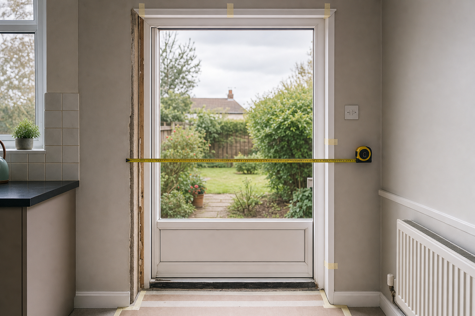 A tape measure spans a doorway in a kitchen renovation, with a view of a garden outside.