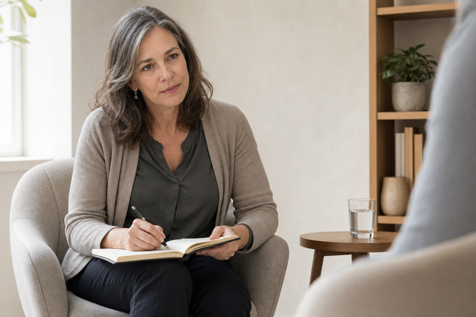 Therapist attentively listens and takes notes during a session in a cosy, well-lit office.