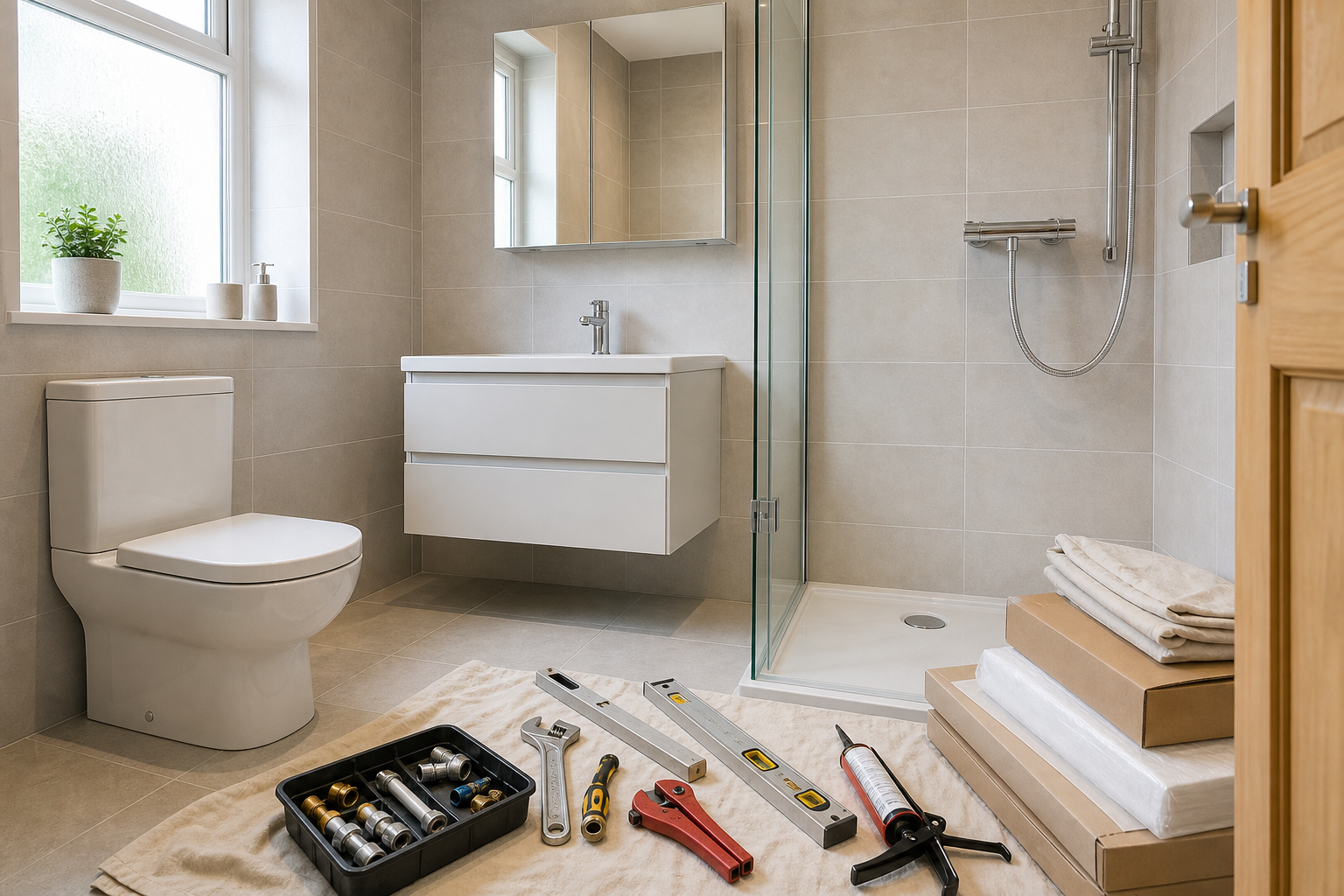 Modern bathroom under renovation with tools and materials scattered on the floor.