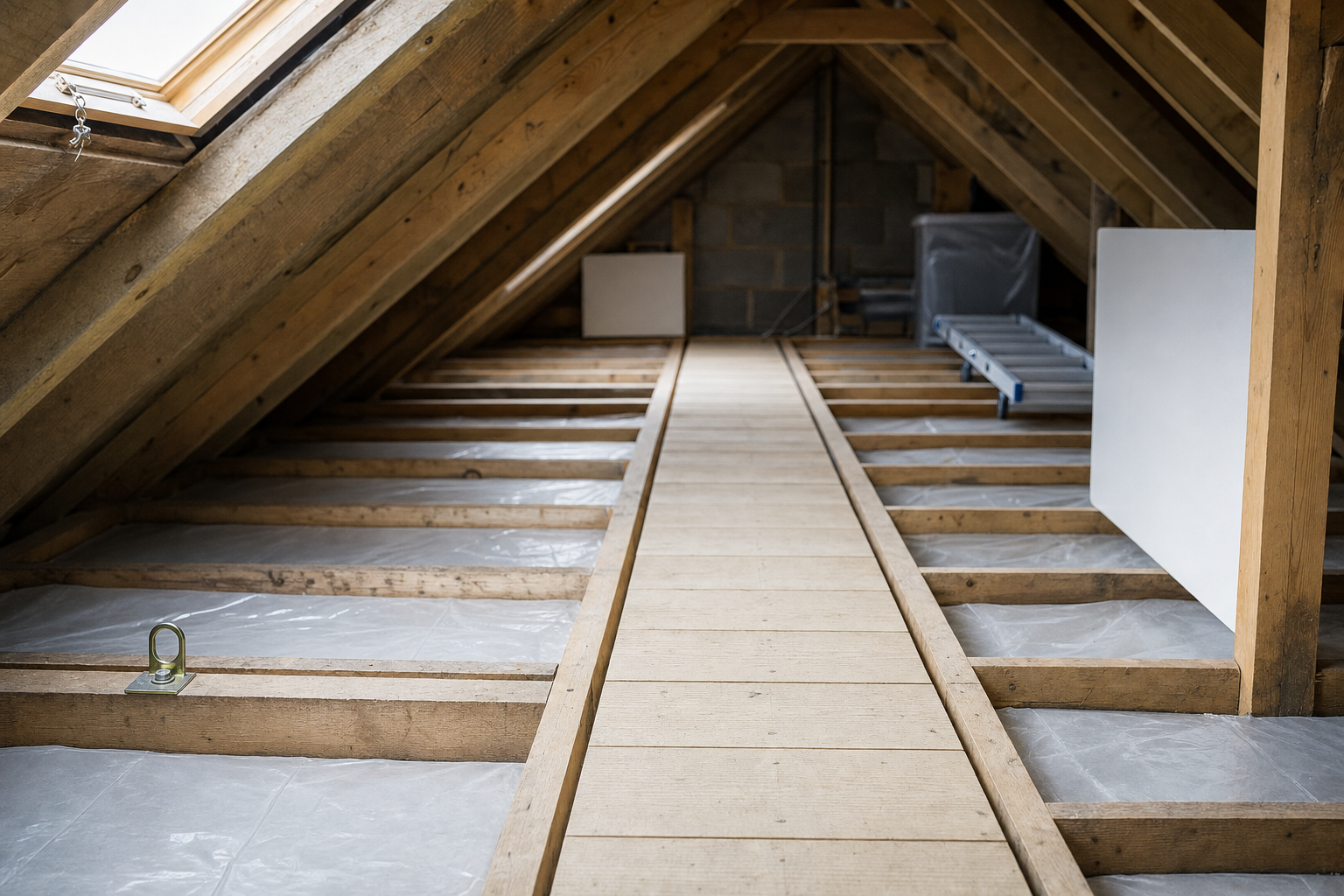 An unfinished attic with exposed wooden beams and a wooden walkway beneath a skylight.
