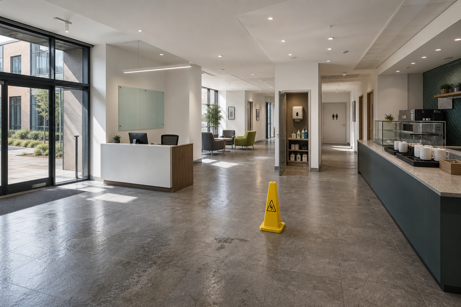Modern office lobby with a reception desk, seating area, caution sign, and natural light from large windows.