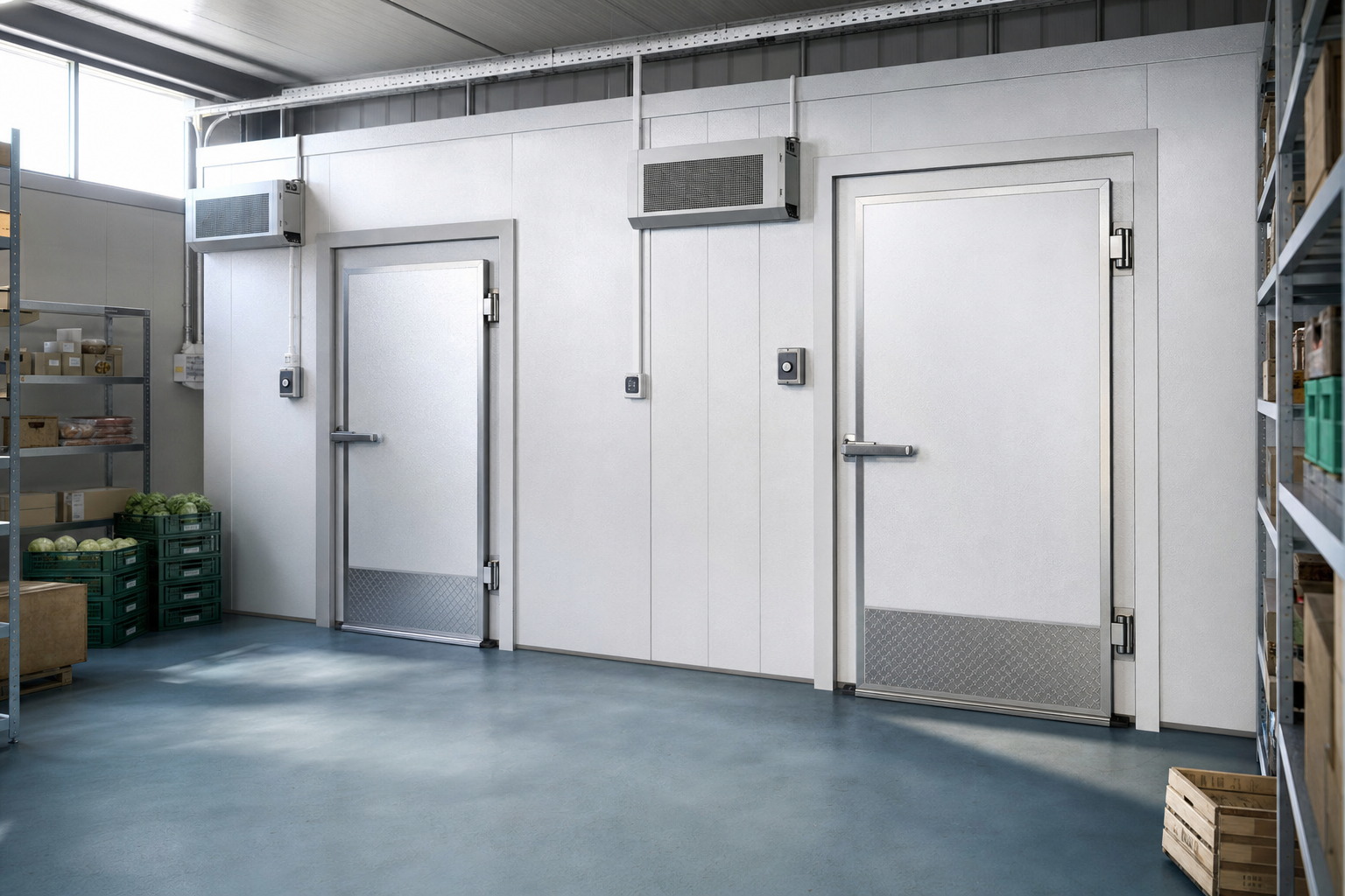 Industrial cold storage room with two large metal doors and shelves stocked with food produce.