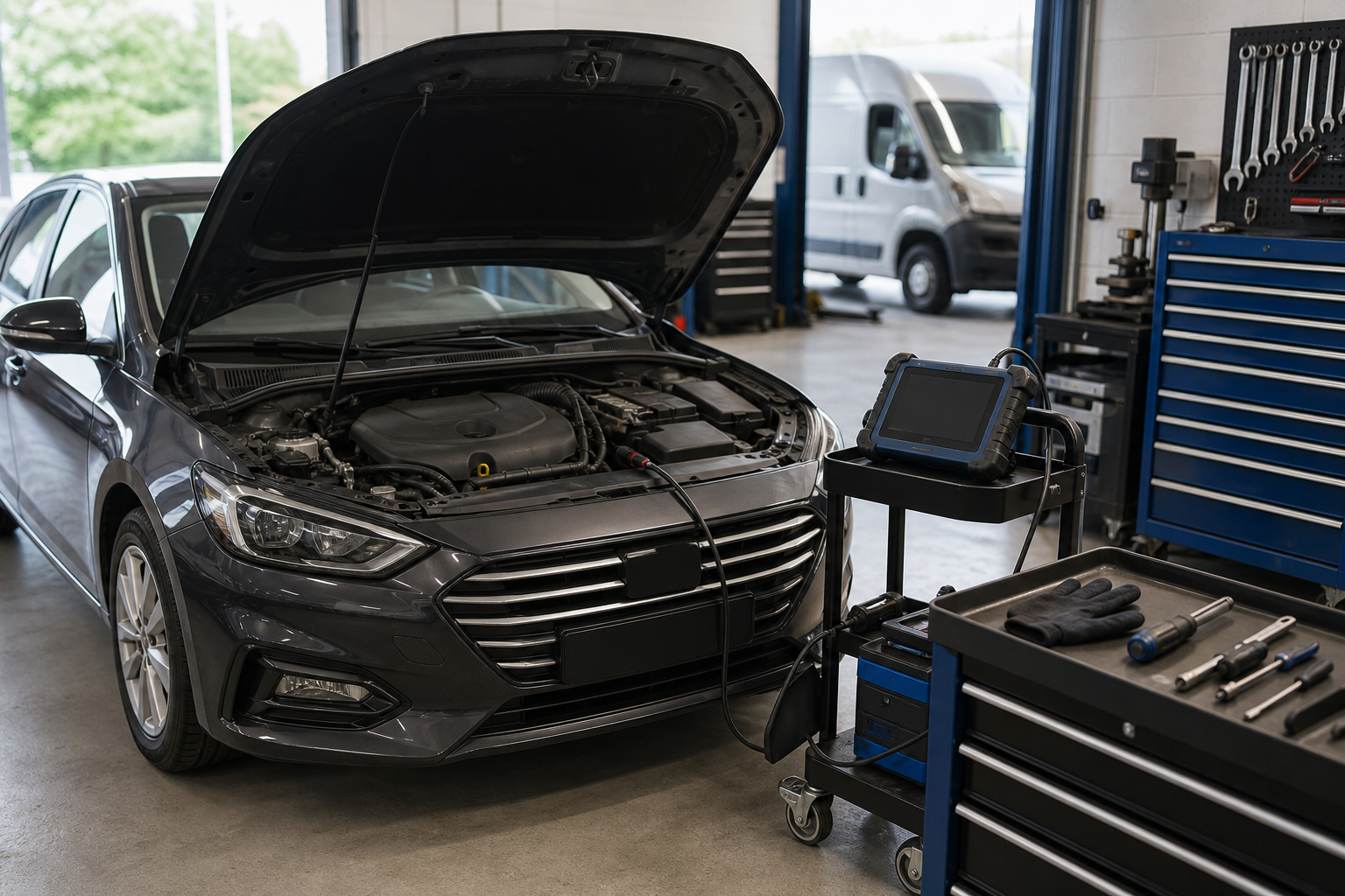 Car with open hood undergoing diagnostics in a garage workshop.